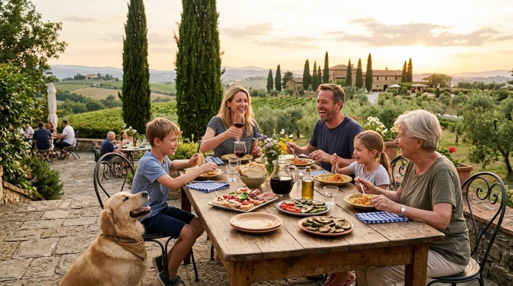 Happy family with their dog dining outdoors at an Italian ag
