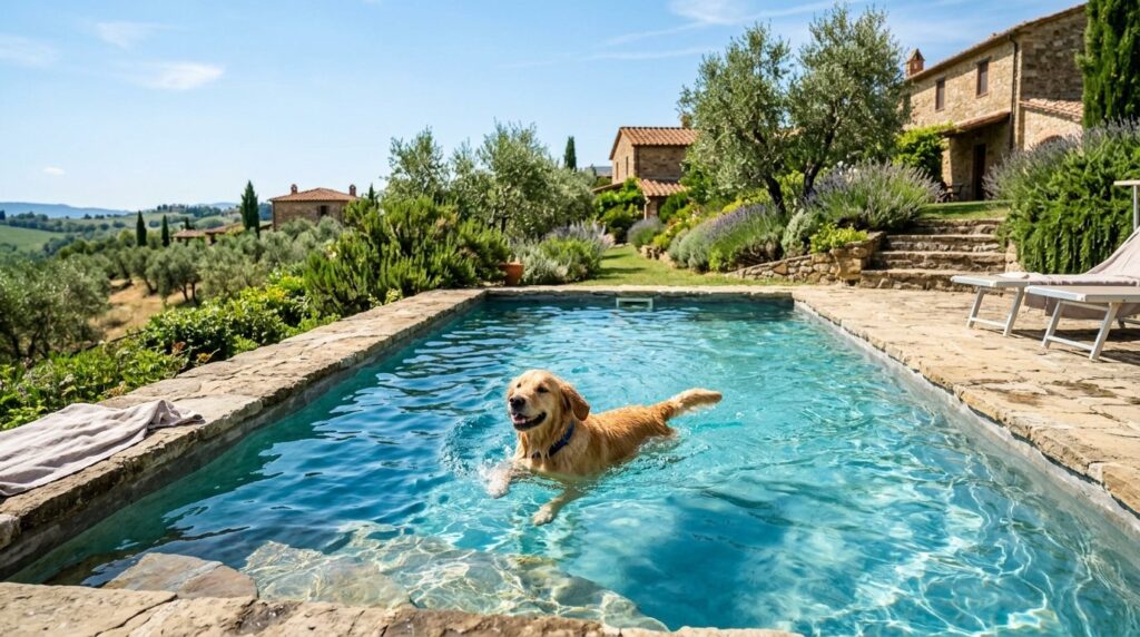 Content dog swimming in a natural pool or water feature at a