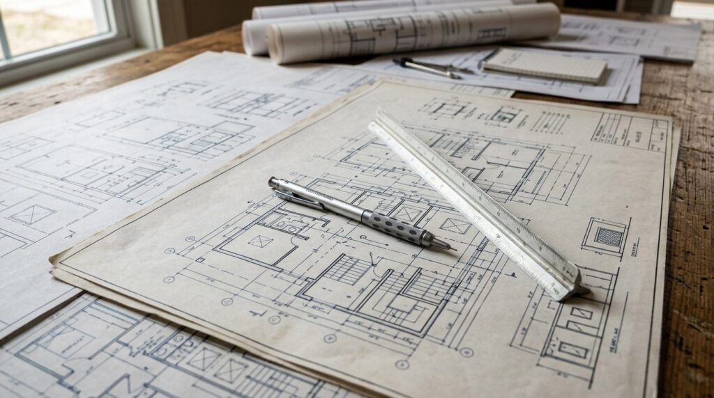 Close-up photorealistic image of architectural blueprints an