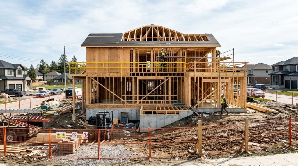 Realistic photograph of a residential house exterior under c