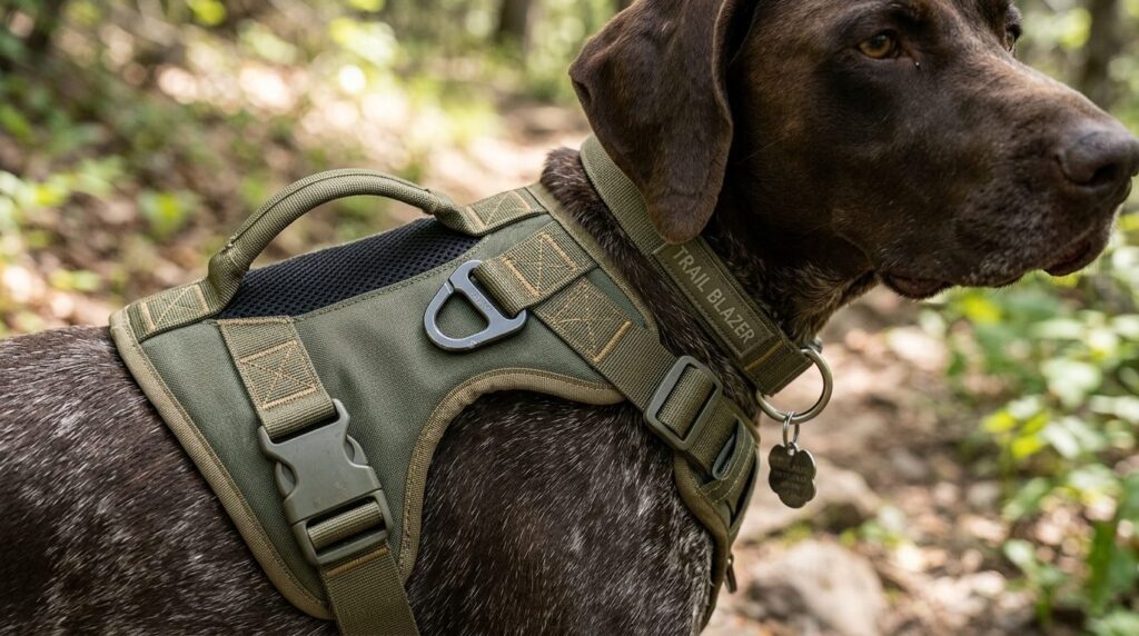 Close-up detail shot of a dog wearing professional-grade har