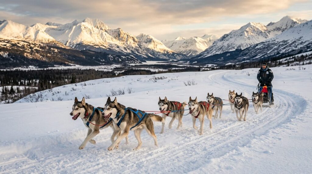 Action photograph of a dog team in Nordic sled dog harnesses