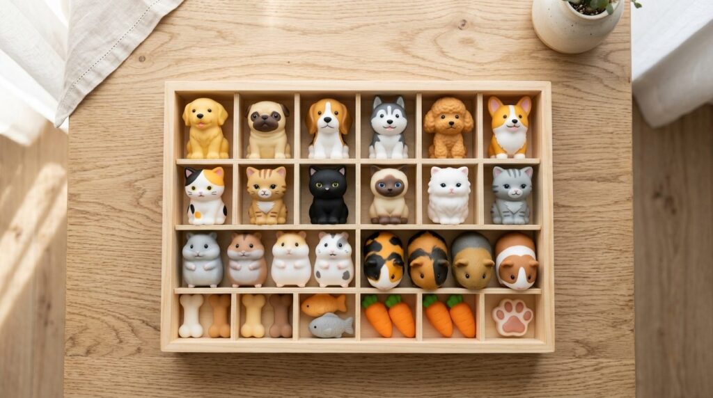 Overhead flat lay of a organized squishy collection displayi