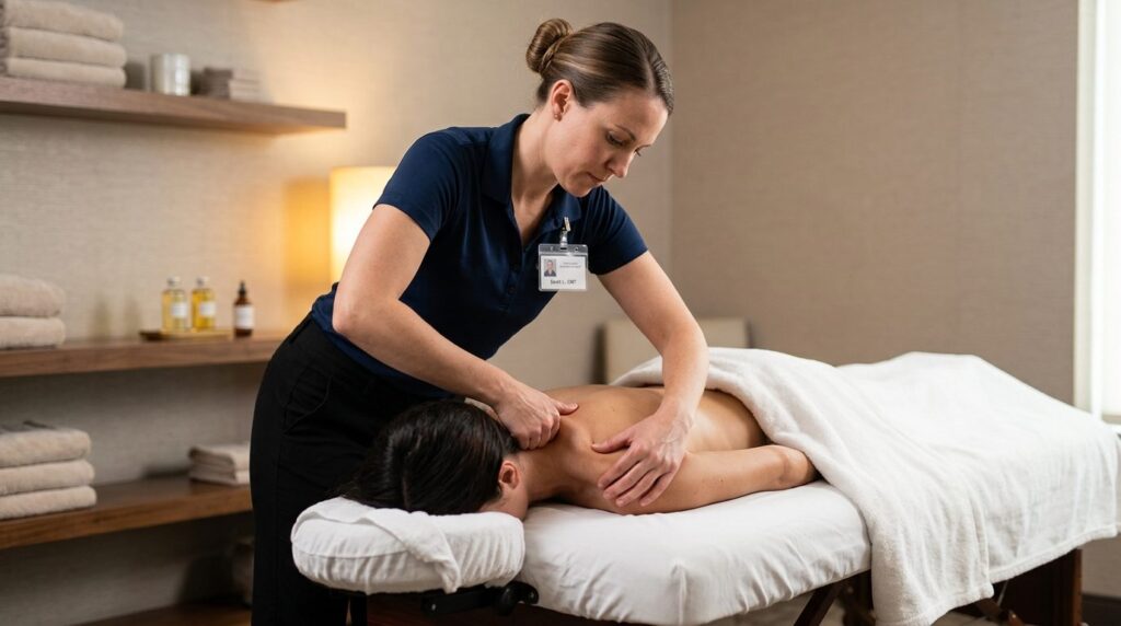Certified massage practitioner demonstrating Swedish massage
