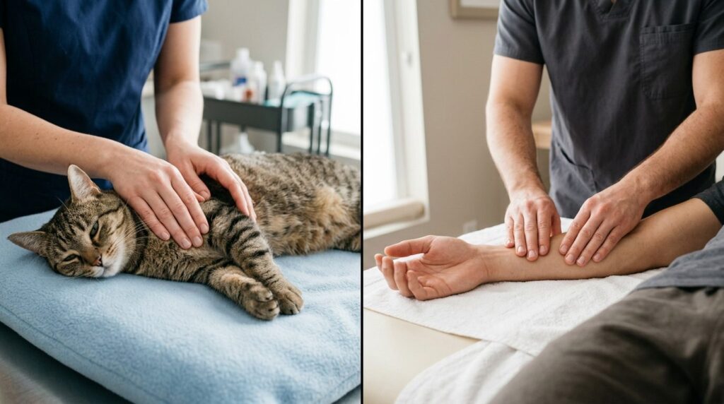 Split-screen concept: Left side shows therapists hands perf