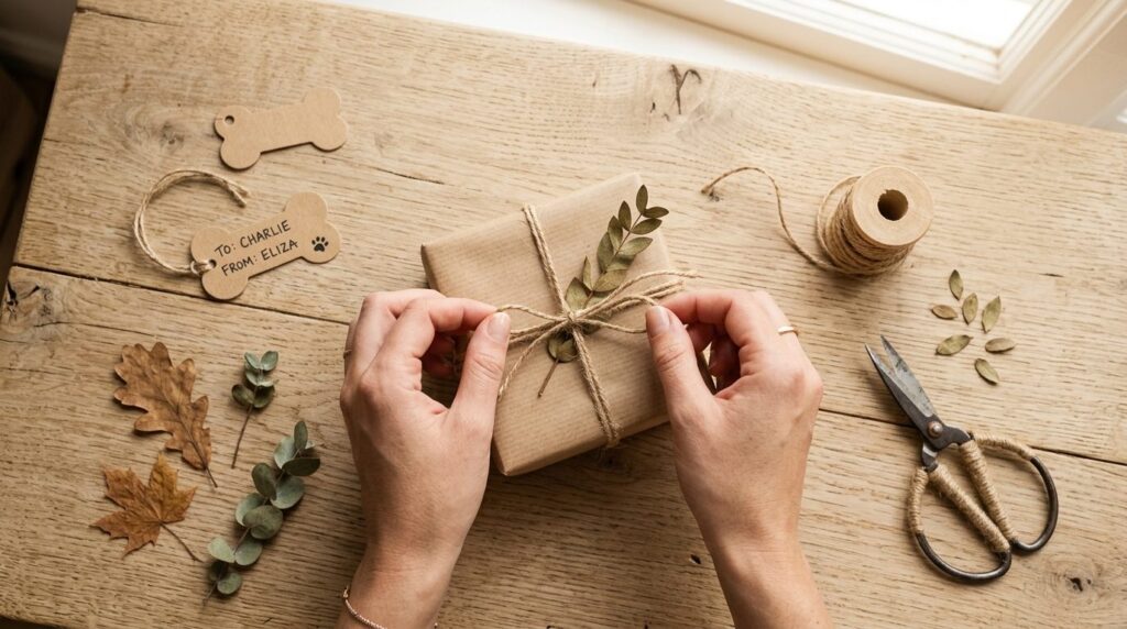 Close-up flat lay photography of hands wrapping a small gift