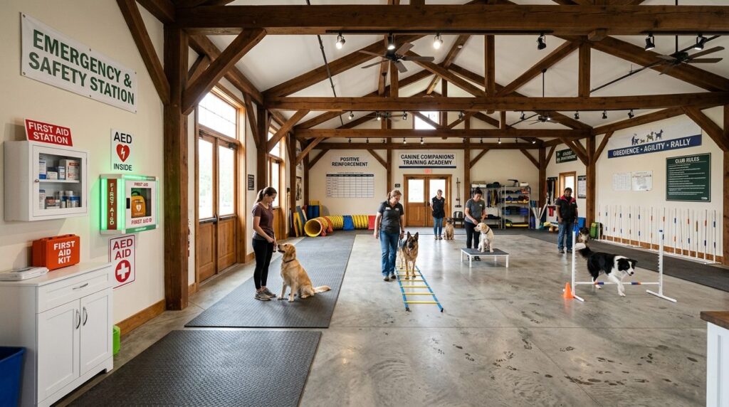 Wide angle photograph of a well-organized dog training club 