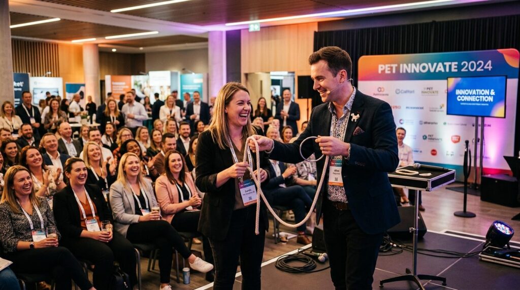 Magician performing interactive illusion with props at a pet