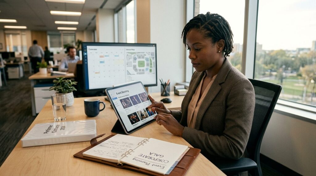 Corporate event coordinator reviewing performer profiles and