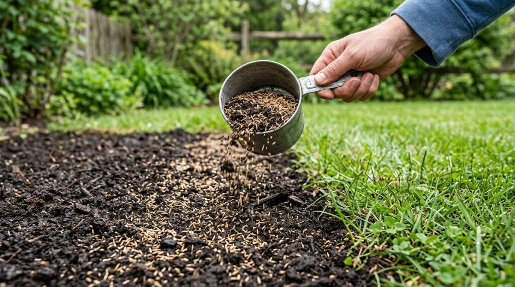 Close-up realistic image of organic garden soil and grass se