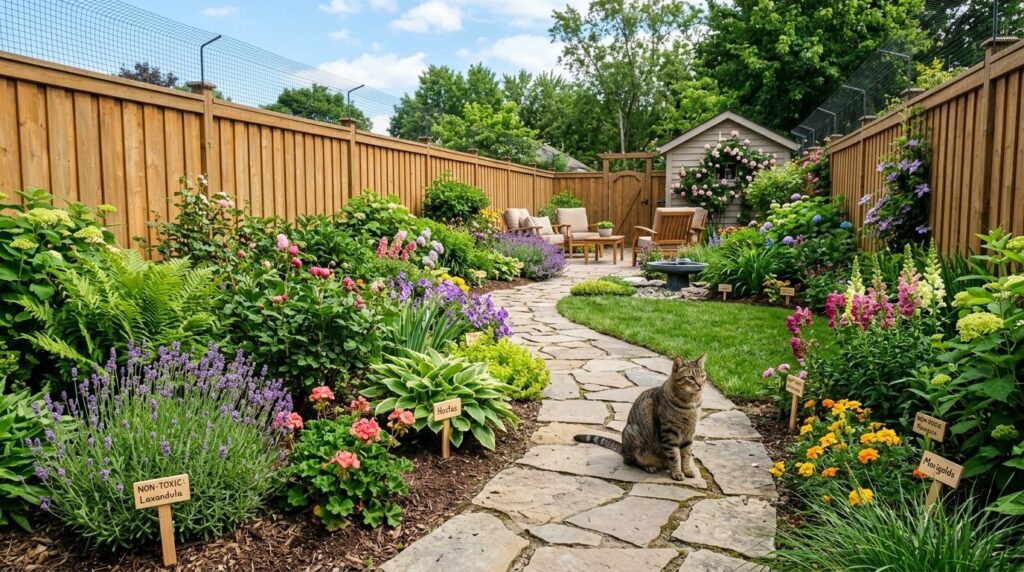 Wide shot of a well-maintained garden with safe fencing, non