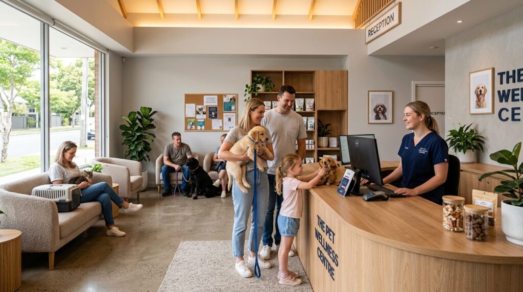 Wide-angle shot of a welcoming veterinary clinic reception a