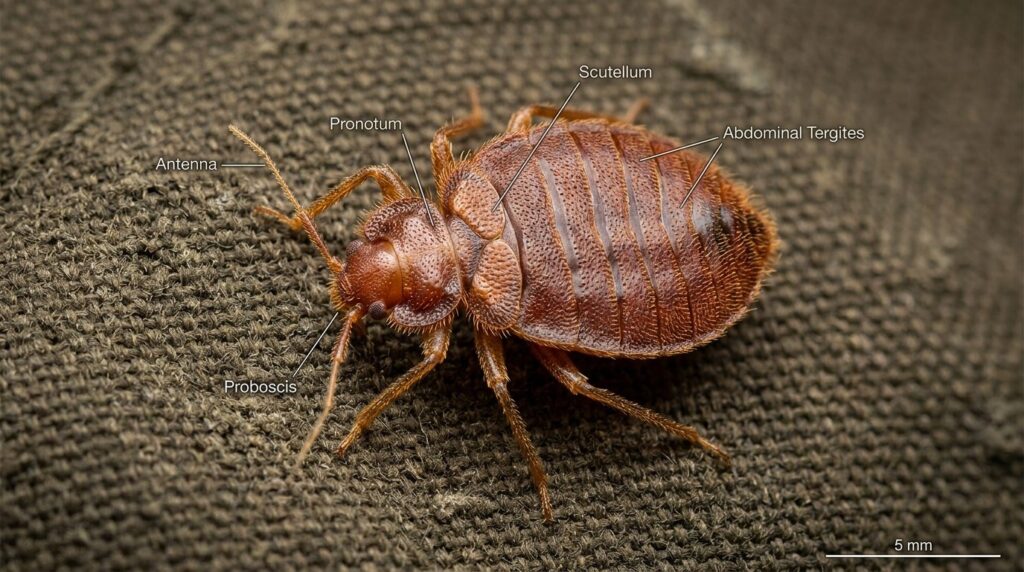 Close-up detailed macro photograph of a bedbug on crumpled c