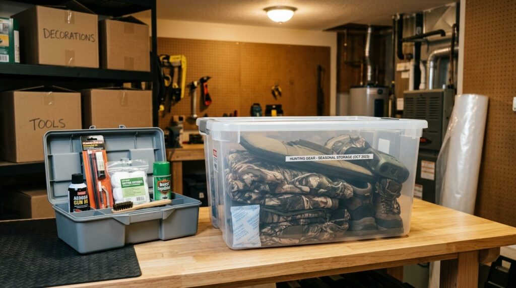 Interior home scene showing a carefully sealed plastic stora