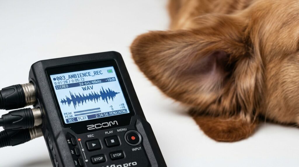 Detailed macro shot of a portable digital recorder displayin